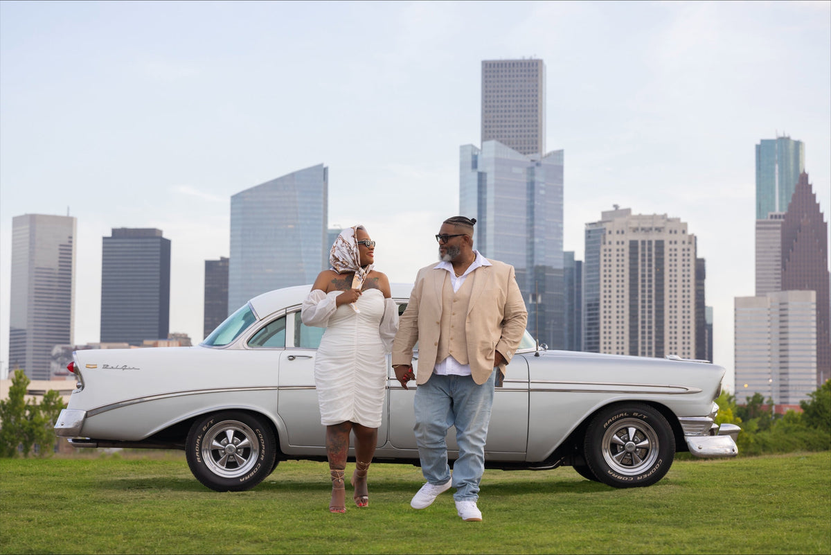 Houston Anniversary Photoshoot with a Classic Car and Downtown Skyline